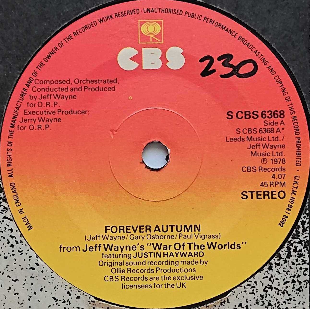 S CBS 6368 Forever Autumn Justin Hayward from ITV, Channel 4 and Channel 5 library Label